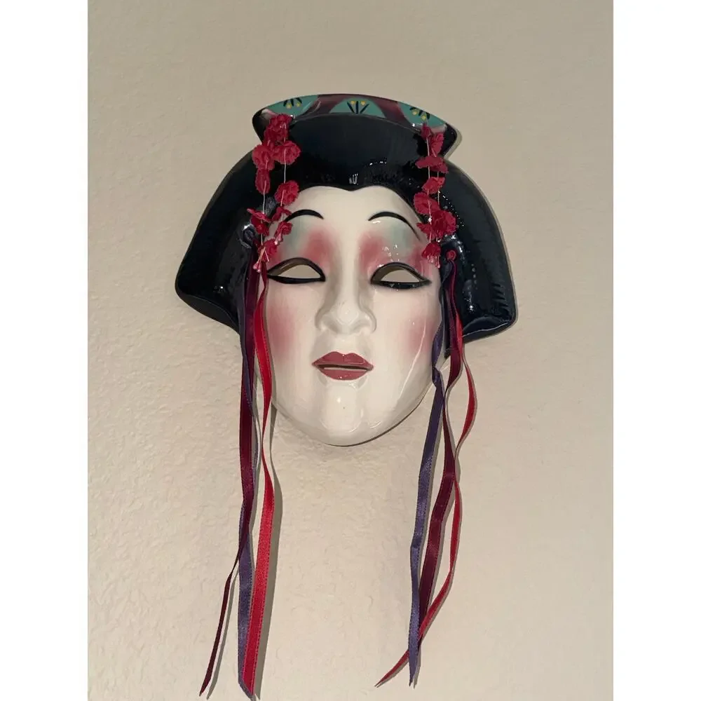 Clay Art San Francisco Geisha Wall Mask Ceramic Asian Lady Face Floral Hair 9”